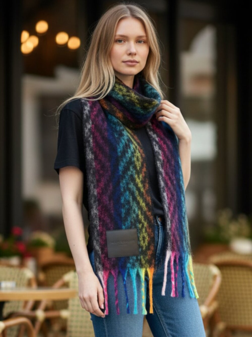 NWT Kurt Geiger London Rainbow Geometric Scarf One Size, BLACK